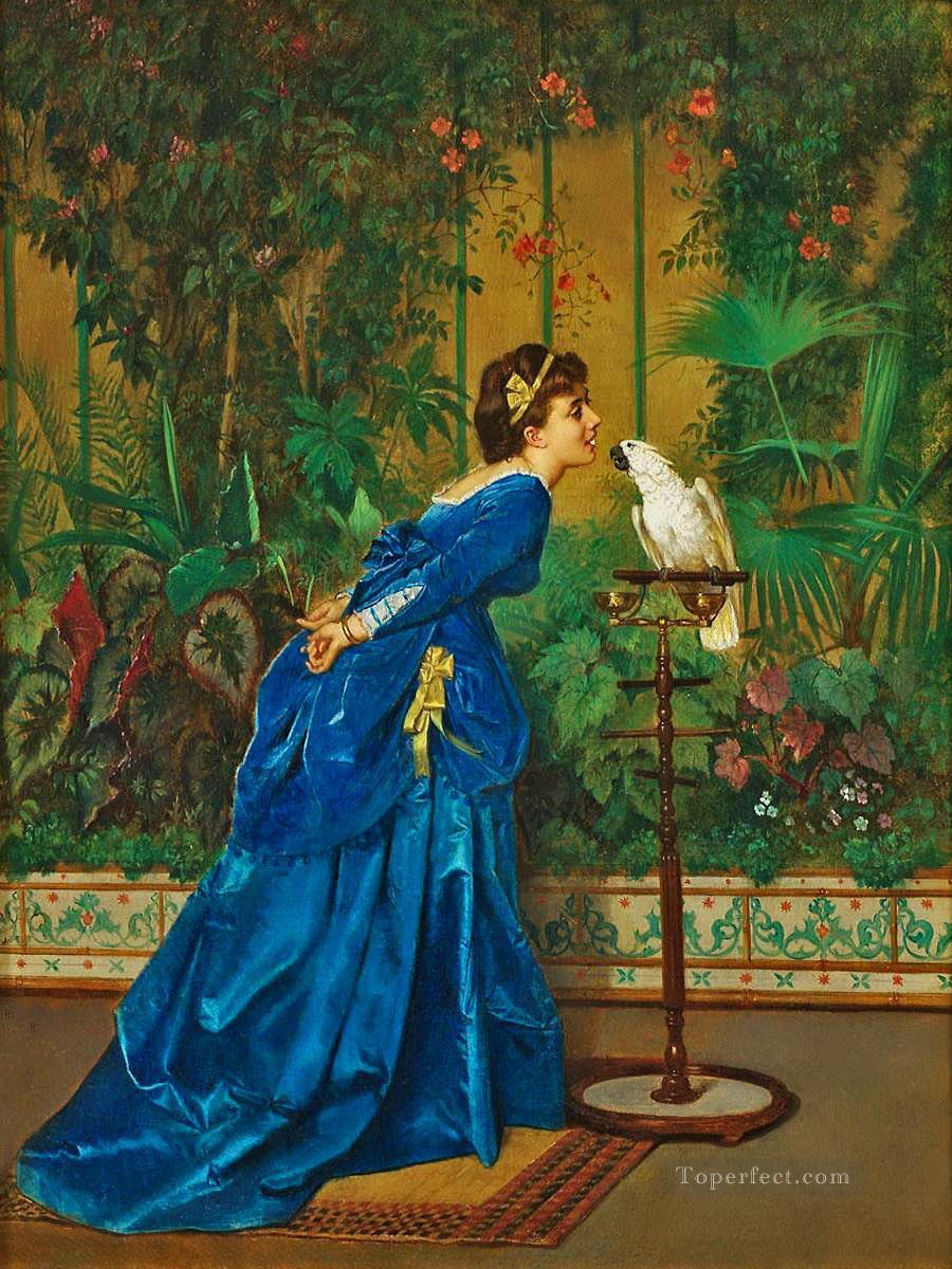 Lady feeding a Parrot birds Oil Paintings